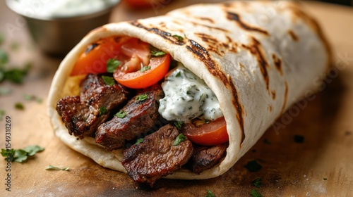 Grilled beef gyro, tzatziki, tomatoes, pita, wooden board, restaurant menu