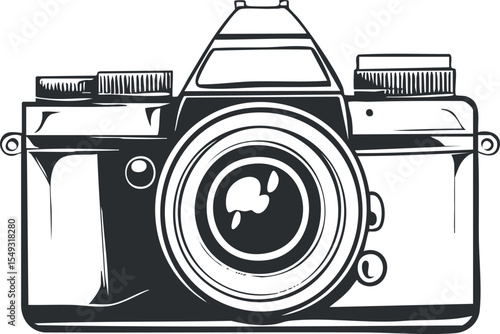 Black and white illustration of a vintage photo camera with lens and controls for photography