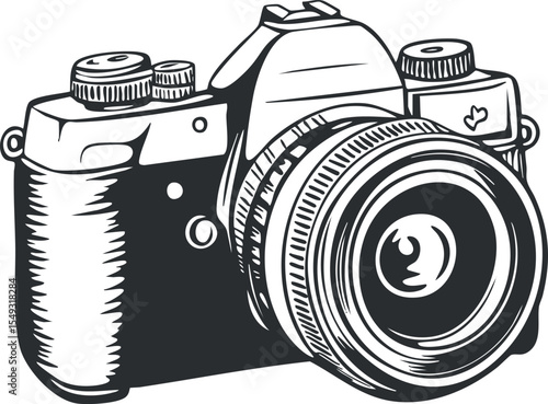 Black and white illustration of a digital camera with lens and detailed controls for photography.