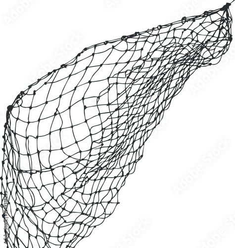 Black fishing net isolated on white background showing mesh pattern and texture with knots