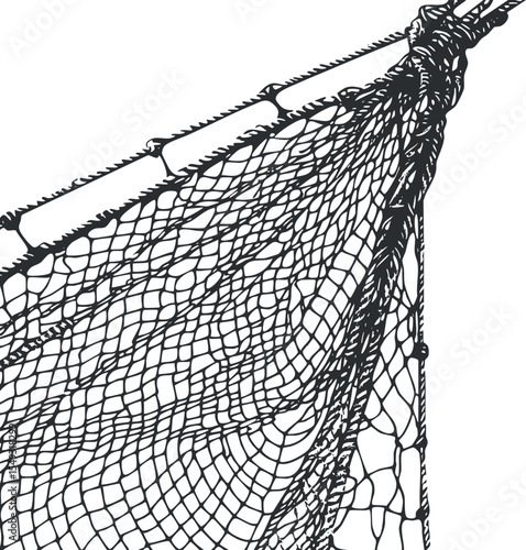 Close-up illustration of a fishing net tied with ropes showing detailed mesh and knots