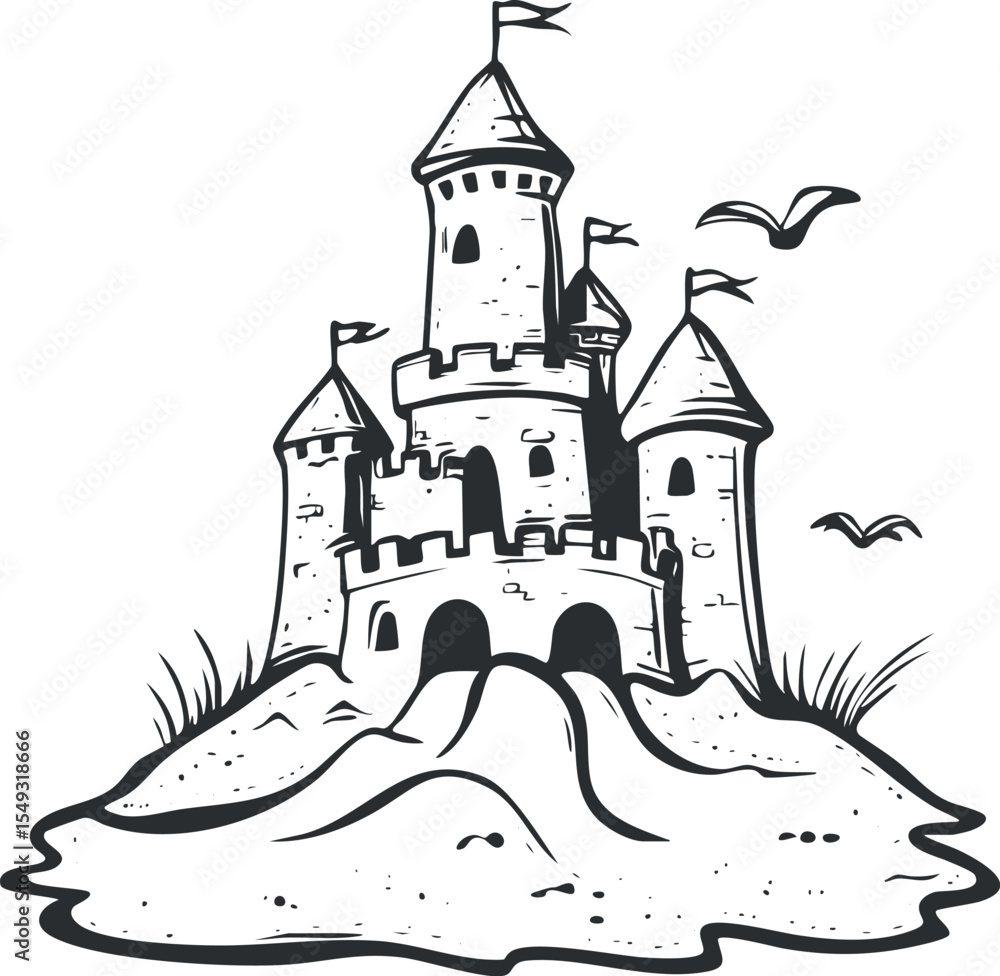 Fototapeta premium Black and white line drawing of a sandcastle with multiple towers and flags on a beach with birds flying nearby