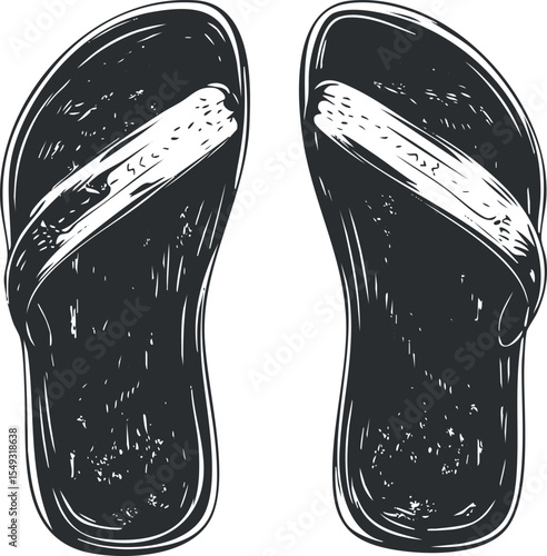 Black and white vector illustration of a pair of flipflops sandals with a single strap for casual summer footwear