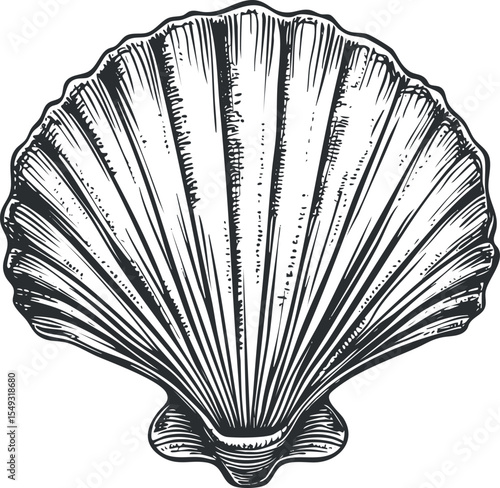 Detailed black and white vintage illustration of a scallop seashell with textured lines and natural patterns.