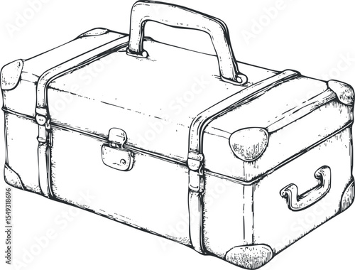 Black and white hand-drawn sketch of a toolbox with handle, lock, and straps for carrying tools