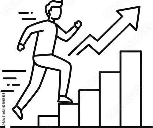 Man running up a bar chart with an upward arrow, symbolizing growth and progress.