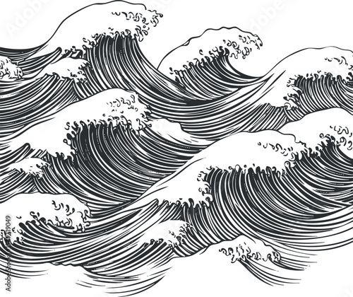 Black and white line art illustration of ocean waves with detailed flowing water and foam pattern
