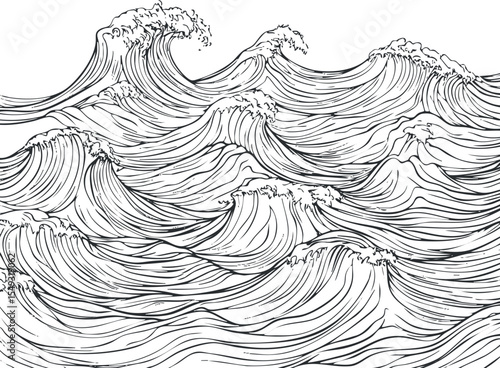 Hand drawn black and white illustration of ocean waves with detailed line art and flowing motion.