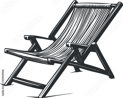 Black and white illustration of a wooden deckchair with canvas sling for outdoor relaxation and leisure.