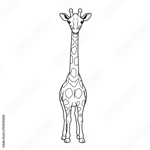 Upward view of a giraffe, outlined in black, with spotted fur and a very long neck