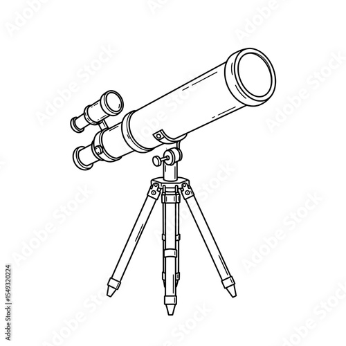 Classic telescope on a tripod pointing upward, monochrome drawing, on white background