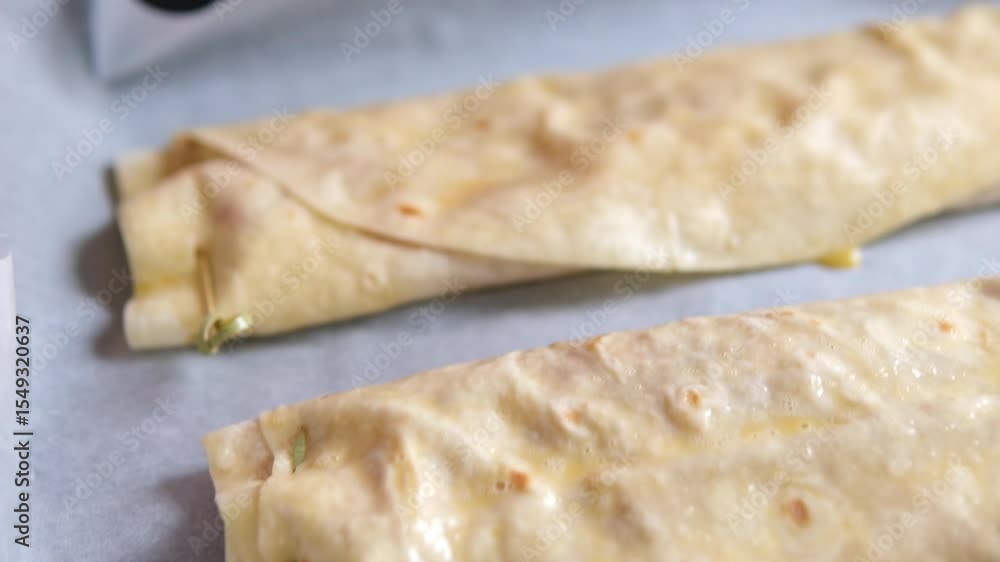 Traditional Mexican dish, fried tacos filled with shredded chicken, flautas. High quality 4k footage Traditional Mexican dish, fried tacos filled with shredded chicken, flautas. High quality 4k footage