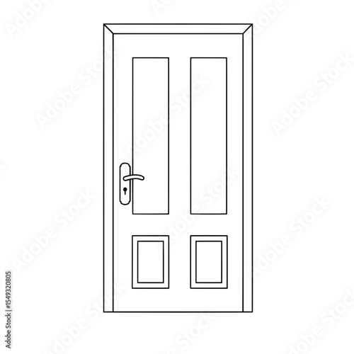 Outlined image of a front door, complete with handle and keyhole, minimal