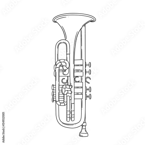 An illustration of a shiny metal brass instrument, specifically a flugelhorn, a melodic design
