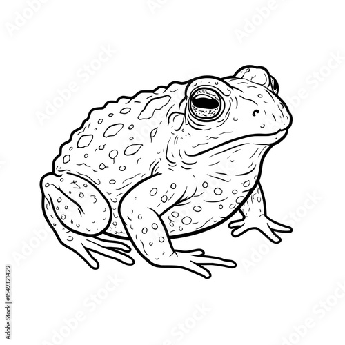 Black and white illustration of a frog with warts and a detailed eye. Line art animal