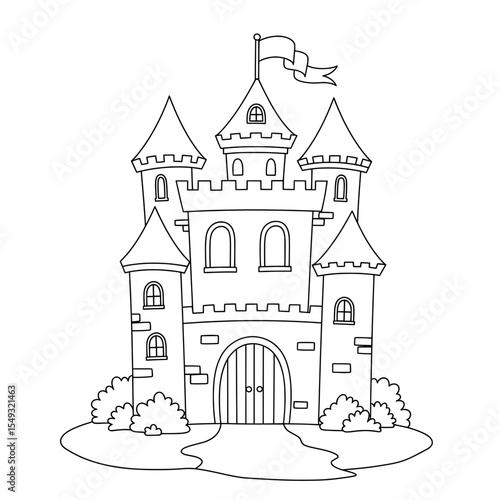 Outlined,  line drawing of a castle with towers and a flag on a white background