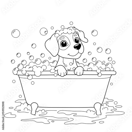 Puppy bath time in tub with soap and bubbles, cartoon, monochrome