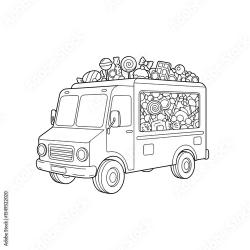 Candy Truck full of lollipops, sweets, and chocolate on the roof and inside in black and white