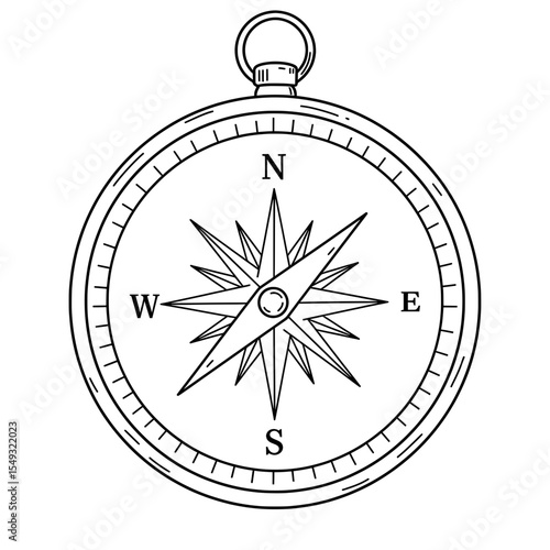 Outlined compass with a needle pointing between north and west, on a white background