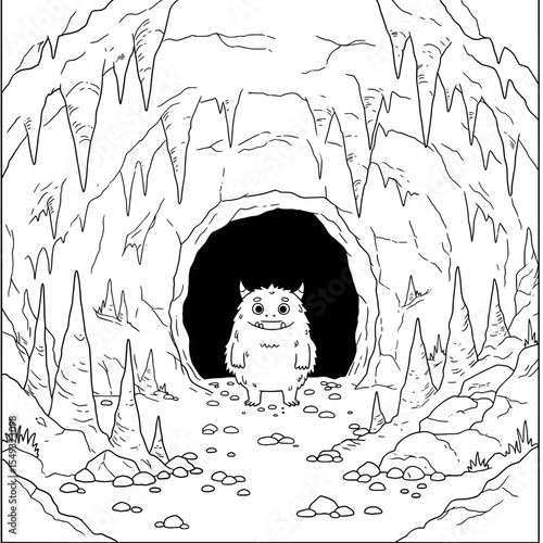 Cartoon monster standing in the mouth of a cave, ready for coloring book fun