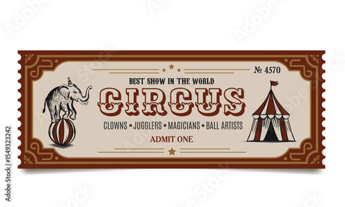 retro circus ticket with elephant and circus tent, vintage invitation to the show