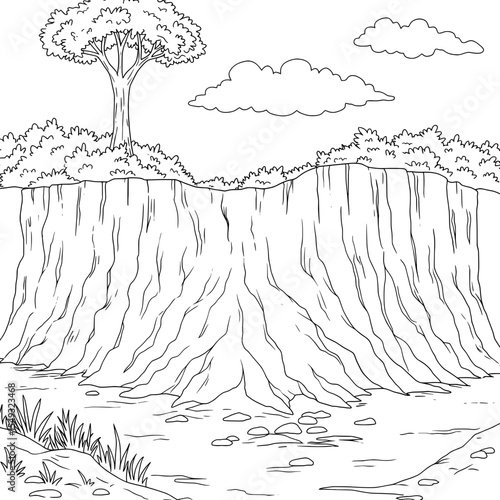 Black and white line art shows a cliff with a tree, bushes, & two clouds