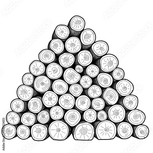 Stack of wood logs arranged in a pile, textured shading, cut logs and rounded edges