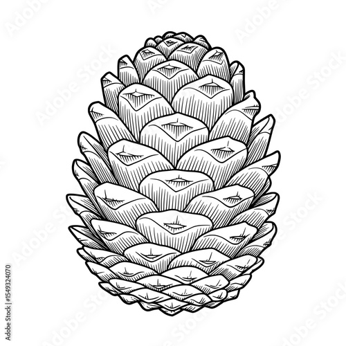 Intricate line drawing of a pinecone with defined scales against a white backdrop