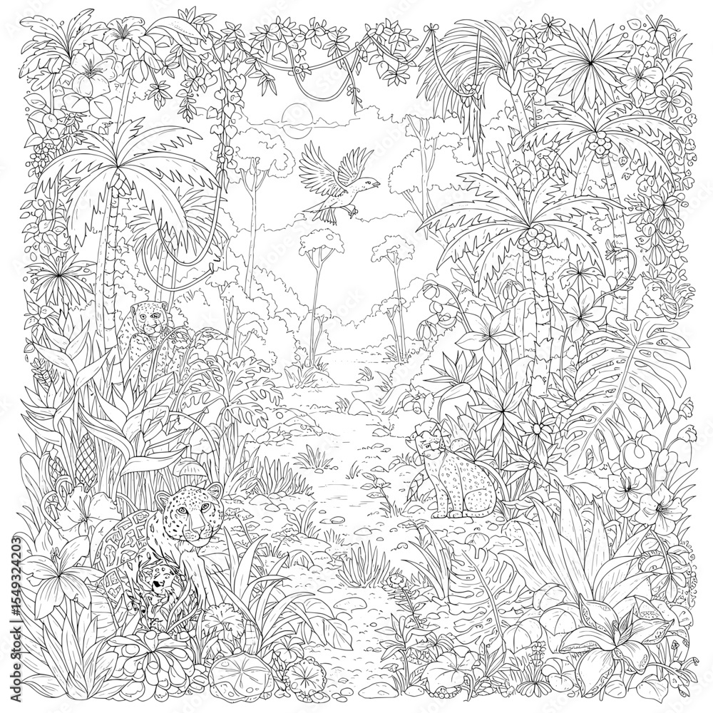 Fototapeta premium A detailed jungle scene with lush flora, animals, and a bird in flight, outlined for coloring