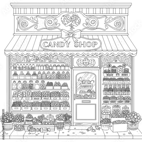 Candy Shop Illustration A black & white lined illustration of a detailed candy shop facade