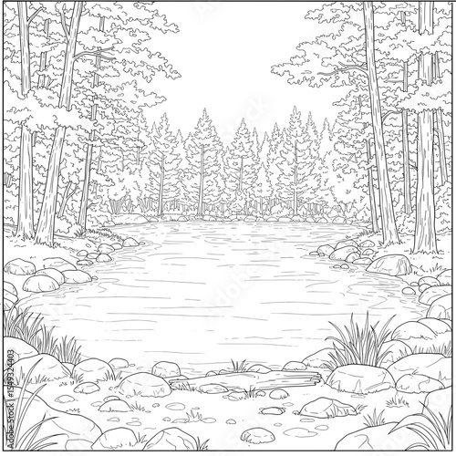 Detailed scene of a flowing stream surrounded by lush trees in a serene forest