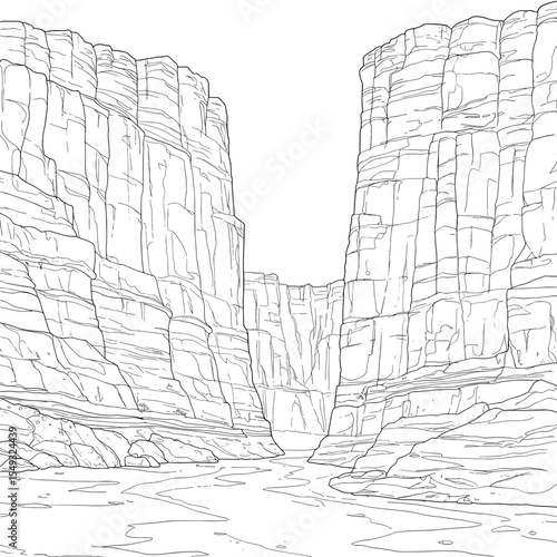 A canyon. Cliff walls form a narrow passage, white sky above in a simple, black-and-white drawing