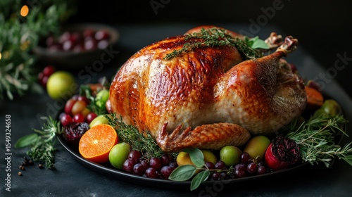 Roasted turkey, festive fruits, dark background, holiday dinner, food photography