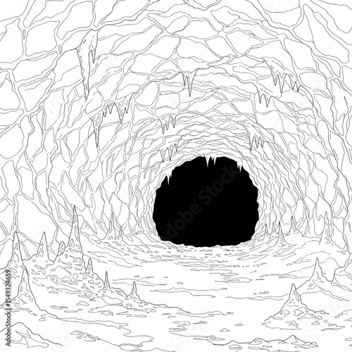 Outline image of a cave, stalactites hanging, cavern opening black, abstract stone texture
