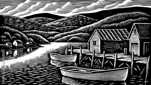 Lakeside village with boats tied to wooden piers and hills rolling into the distance, a black and white sketch vector