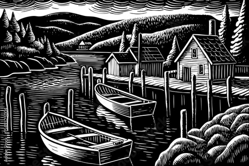 Lakeside village with boats tied to wooden piers and hills rolling into the distance, a black and white sketch vector