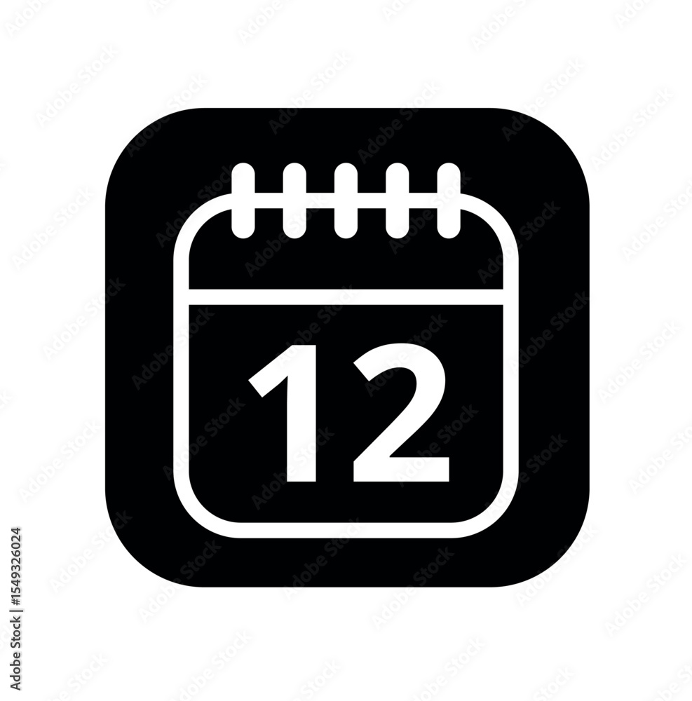 White hollowed out calendar icon isolated on black background for websites and graphic resources. Calendar flat icon with specific day marked, day 12. White hollowed out calendar icon isolated on black background for websites and graphic resources. Calendar flat icon with specific day marked, day 12.