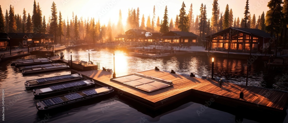 Fototapeta premium Scenic Lakeside Resort at Sunset with Reflection and Warm Colors