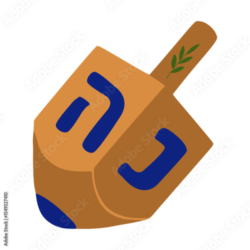 Isometric vector illustration of a dreidel, a traditional Hanukkah spinning top, with Hebrew letters and a sprig of olive branch on its handle, showcasing a unique design in brown and blue.