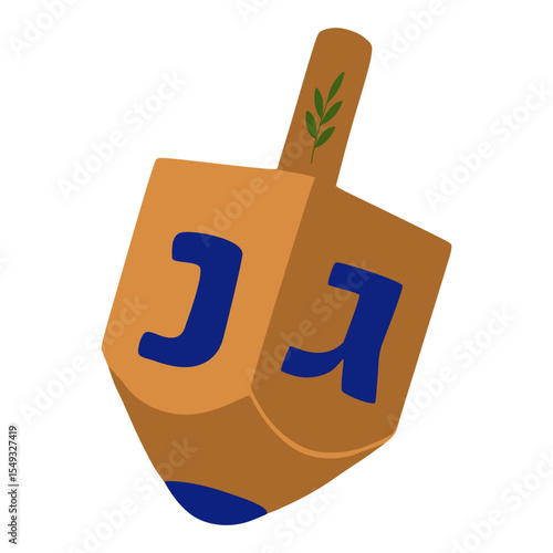 A vector illustration of a dreidel, a traditional spinning top used during Hanukkah, featuring a brown body, blue Hebrew letters, and a green sprig on the top.