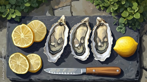 Fresh oysters, lemon, knife on slate, garden backdrop, food photography