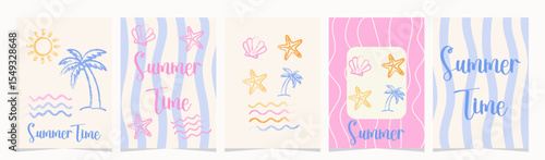 Set of Abstract Summer Posters in Naive Doodle Style Featuring Palm Tree, Sun, Seashells, Starfish, Ocean Waves and Summer Typography for Beach Vacation and Holiday Themes