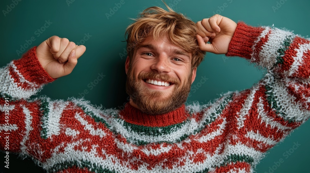 Fototapeta premium A happy young man wearing a festive Christmas sweater, joyfully posing with raised arms against a teal backdrop, exuding warmth and holiday spirit.
