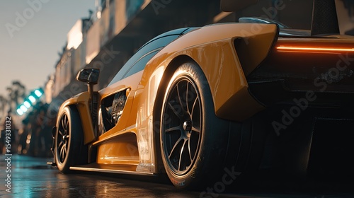 Rear view of a vibrant yellow race car at a pit stop