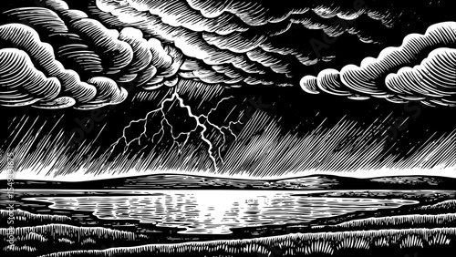 Thunderstorm rolling over a vast desert lake with lightning striking in the background, a black and white sketch vector