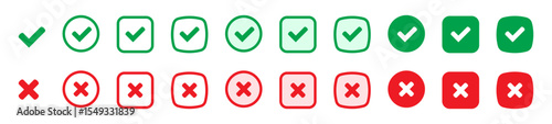 Right or wrong icons. Green tick and red cross checkmarks flat icons. Yes or no symbol, approved or rejected icon for user interface.