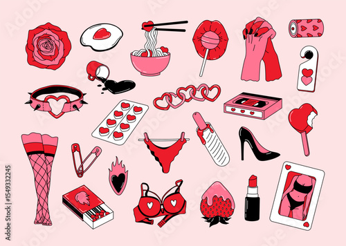 Vintage set stickers of Valentine's Day and Love. Minimal design concept of romantic and sensuality elements. Doodle pack for daily planner, scrapbooking, print. Hand drawn retro vector illustration