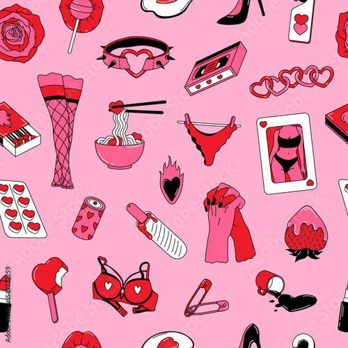 Hand drawn seamless pattern with romantic and sensuality elements. Vintage background for Valentines Day and Love. Concept of passion, desire, intimate moment for print, wrapping paper, fabric