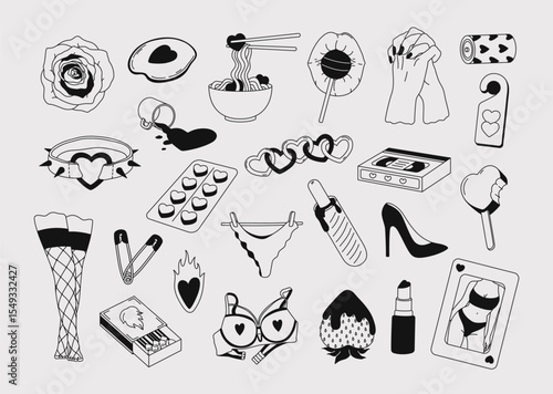 Outline set stickers of Valentine's Day and Love. Minimal linear design of romantic and sensuality elements. Hand drawn monochrome doodle pack for daily planner, scrapbooking, print, tattoo