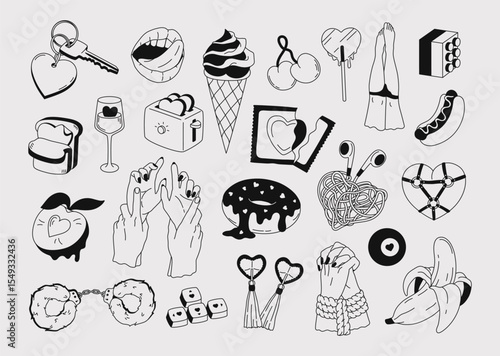 Outline set stickers of Valentine's Day and Love. Minimal design of romantic elements and symbols in linear style. Hand drawn monochrome doodle pack for daily planner, scrapbooking, print, tattoo
